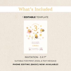 May include: A birthday invitation with a bee theme. The invitation is 5 x 7 inches and features the text "So Sweet to Bee 3". The invitation includes the name "EMMA", date, time, and location. The invitation is suitable for print, email, and text message.