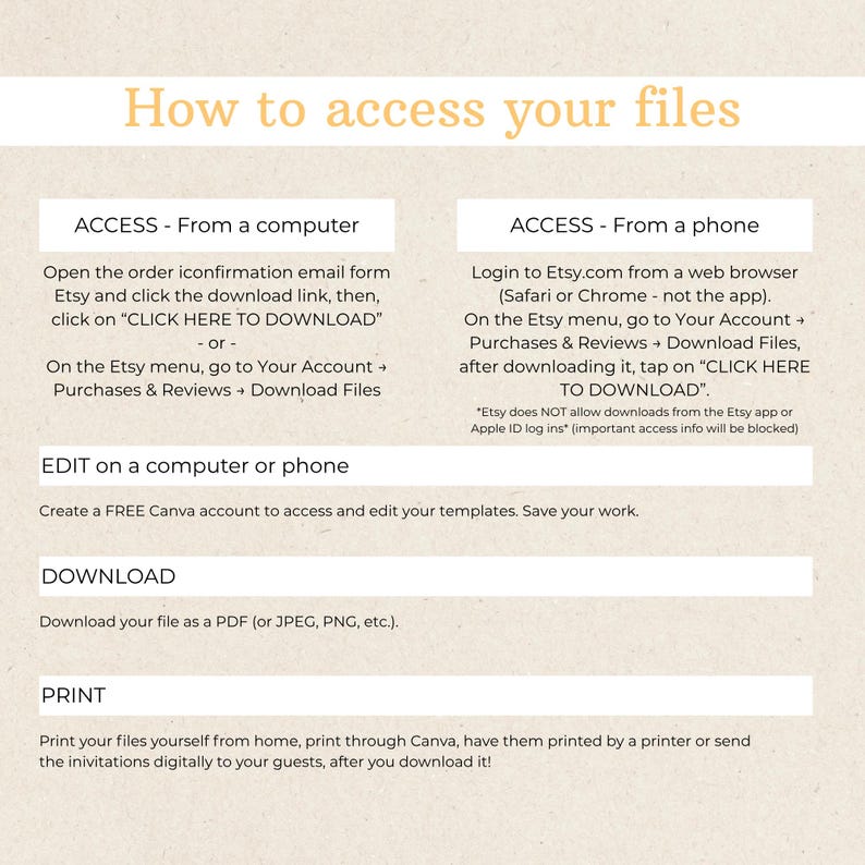 May include: A beige infographic with instructions on how to access files after purchase on Etsy. The text includes steps for accessing files from a computer or phone, editing templates, downloading files, and printing. The title is "How to access your files."