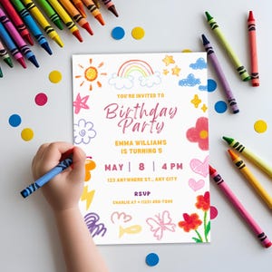 5e verjaardagsuitnodiging krijt, bewerkbare krijt sjabloon, leuk feest uitnodigen, instant download, regenboog uitnodigen, meisje kleurrijk desing krijt