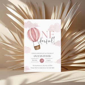 First Birthday Invitation: Hot Air Balloon, Pink Onederful Theme (Editable Canva Template)