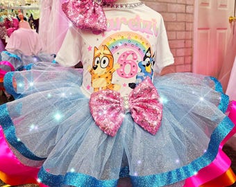 Blue Puppy Birthday Tutu Outfit – Custom Girl Party Dress – Cartoon Dog Inspired Theme