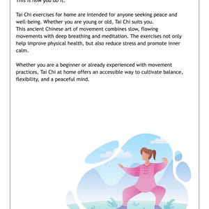 May include: Illustration of a person in pink Tai Chi attire performing a pose. The image is set against a backdrop of a blue sky, mountains, and green grass. Text at the top reads "Practicing Tai Chi at home: This is how you do it:"