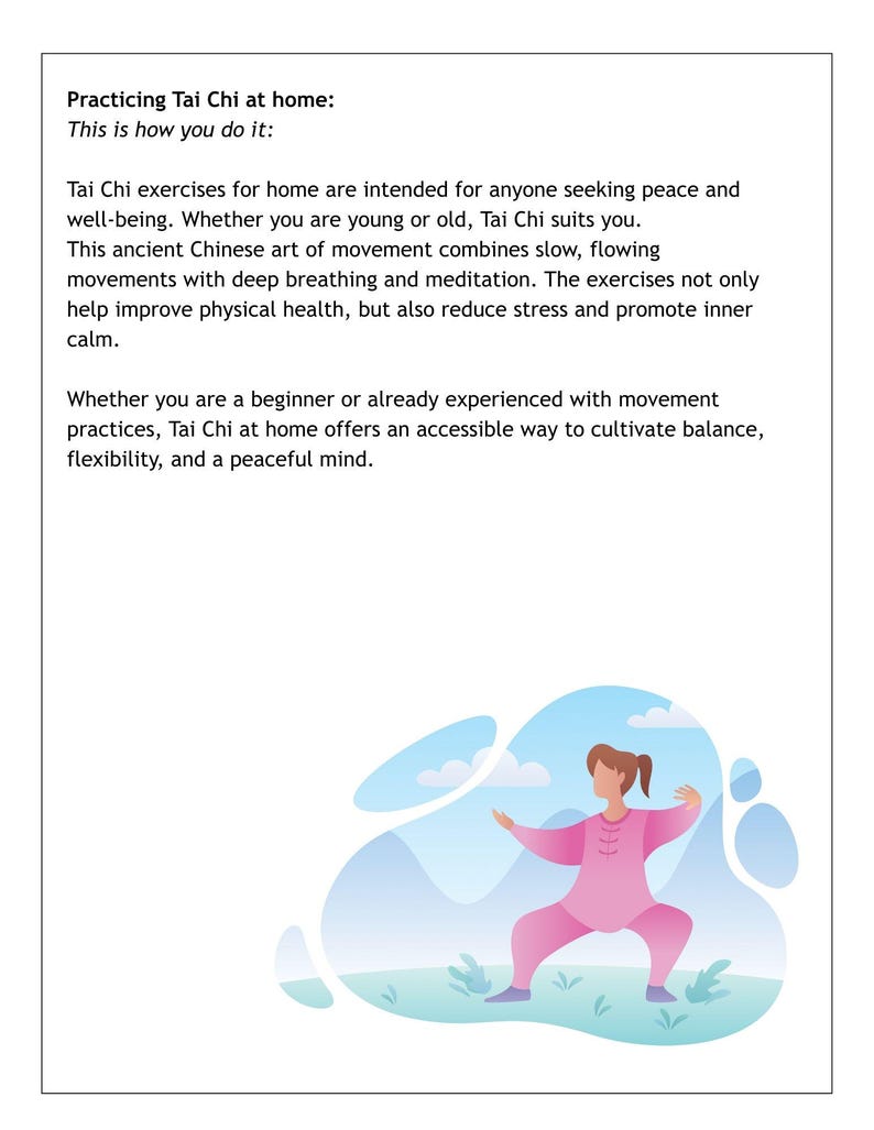 May include: Illustration of a person in pink Tai Chi attire performing a pose. The image is set against a backdrop of a blue sky, mountains, and green grass. Text at the top reads "Practicing Tai Chi at home: This is how you do it:"