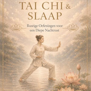 May include: A book cover with the title "TAI CHI & SLAAP" and the subtitle "Rustige Oefeningen voor een Diepe Nachtrust". The image features a person practicing Tai Chi near water, with lotus flowers in the foreground. The SpiritedFox Studio logo is at the bottom.