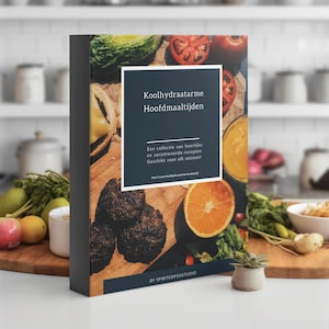 Op de afbeelding: Een kookboek getiteld "Koolhydraatarme Hoofdmaaltijden" met een donkerblauwe omslag. De omslag toont een collage van voedsel, waaronder tomaten, sla en een sinaasappelschijf. De titel en beschrijving van het boek zijn in het Nederlands.