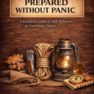 Op de afbeelding: Een rustieke afbeelding met een lantaarn, kompas, mes en touw. De tekst "PREPARED WITHOUT PANIC" staat boven "A Practical Guide to Self-Reliance in Uncertain Times". De kleuren zijn voornamelijk bruin en goud.