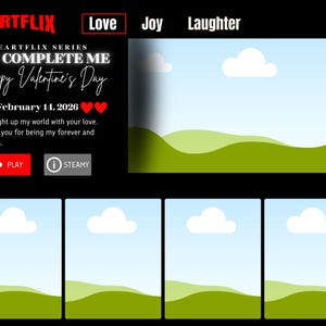 Op de afbeelding: Een digitale afbeelding met een Valentijnsdagthema. De tekst luidt "HEARTFLIX SERIES YOU COMPLETE ME Happy Valentine's Day February 14, 2026." De afbeelding bevat een afspeelknop en het woord "STEAMY". De achtergrond toont een landschap met groene heuvels en een blauwe lucht.