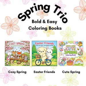 Op de afbeelding: Een promotieafbeelding voor "Spring Trio" kleurboeken. De afbeelding toont drie kleurboeken met de titels "Cozy Spring", "Easter Friends" en "Cute Spring". De boeken hebben kleurrijke illustraties van dieren en lentethema's.