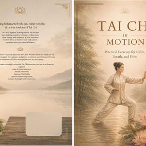 May include: A book cover titled Tai Chi in Motion with the subtitle Practical Exercises for Calm, Breath, and Flow. The cover features a person in light-coloured clothing performing a Tai Chi pose near a lake with lotus flowers and a yin-yang symbol.