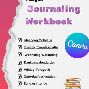 Op de afbeelding: Een digitaal journaalwerkboek met de tekst "7 dagen Journaling Werkboek". Het ontwerp bevat een Canva-logo, een stapel boeken en een zakhorloge. De dagelijkse onderwerpen van het journaal staan vermeld.