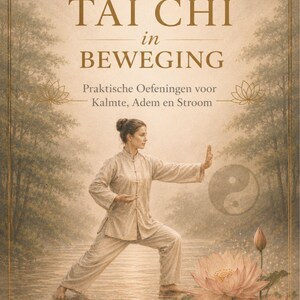Pode incluir: Uma capa de livro intitulada TAI CHI in BEWEGING Praktische Oefeningen voor Kalmte, Adem en Stroom. Apresenta a ilustração de uma pessoa com roupas claras realizando uma pose de tai chi na água, rodeada por flores de lótus e árvores.