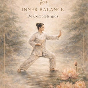 Op de afbeelding: Een artistieke illustratie toont een vrouw die Tai Chi beoefent in water, met lotusbloemen op de voorgrond. De afbeelding bevat de tekst "Tai Chi for Inner Balance" en "De Complete gids". Het kunstwerk heeft een zacht, gedempt kleurenpalet.