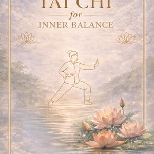 Op de afbeelding: Een boekomslag met de titel "TAI CHI for INNER BALANCE" in gouden letters. De afbeelding toont een lijntekening van een persoon die Tai Chi beoefent, lotusbloemen en tekst in het Nederlands.