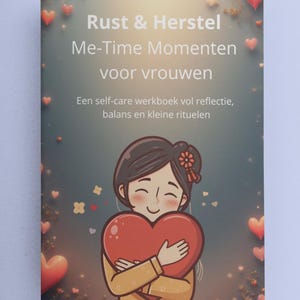 Op de afbeelding: Boekomslag met de titel "Rust & Herstel Me-Time Momenten voor vrouwen". De omslag toont een illustratie van een lachende persoon die een rood hart omarmt. De achtergrond heeft zwevende harten en tekst.