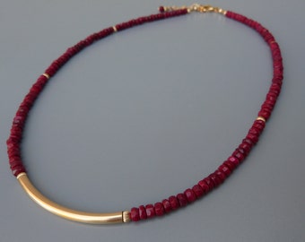 Ruby Necklace, Red Gemstone Necklace, Gold Layering Necklace, Gold Tube Necklace, Gold Ruby Necklace, July Birthstone, Gift For Her, For Mom