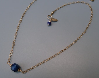 Lapis Lazuli Necklace, Lapis Cube Necklace, Layering Necklace, Blue Gemstone Necklace, Simple Gemstone, Gold Lapis Necklace, Gift For Her