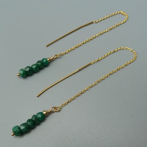 Emerald Earrings,Gold Threader Earrings,Emerald Threader Earrings,Linear Earrings,Dainty Earrings,Minimalist Earrings,Gifts Under 50 For Her image 1