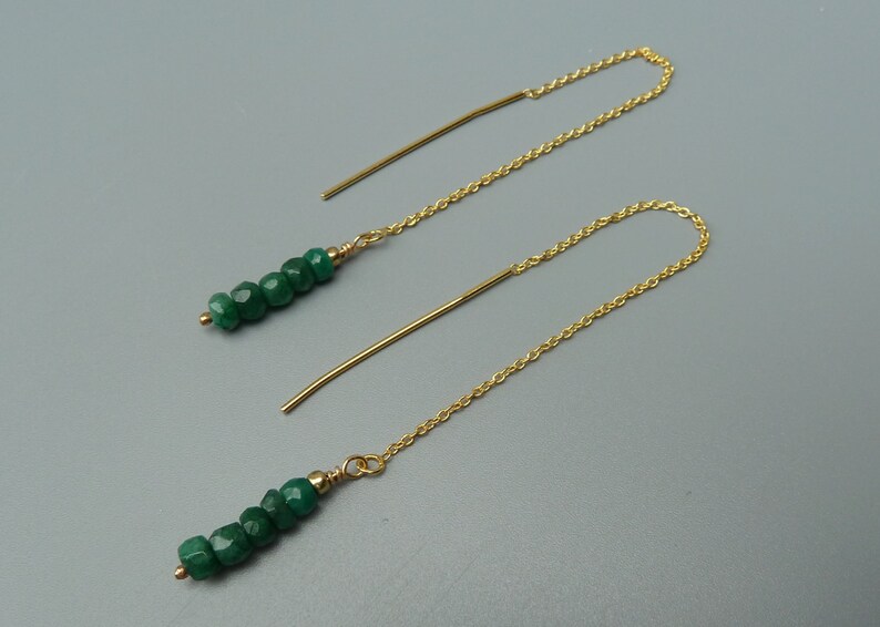 Emerald Earrings,Gold Threader Earrings,Emerald Threader Earrings,Linear Earrings,Dainty Earrings,Minimalist Earrings,Gifts Under 50 For Her image 1