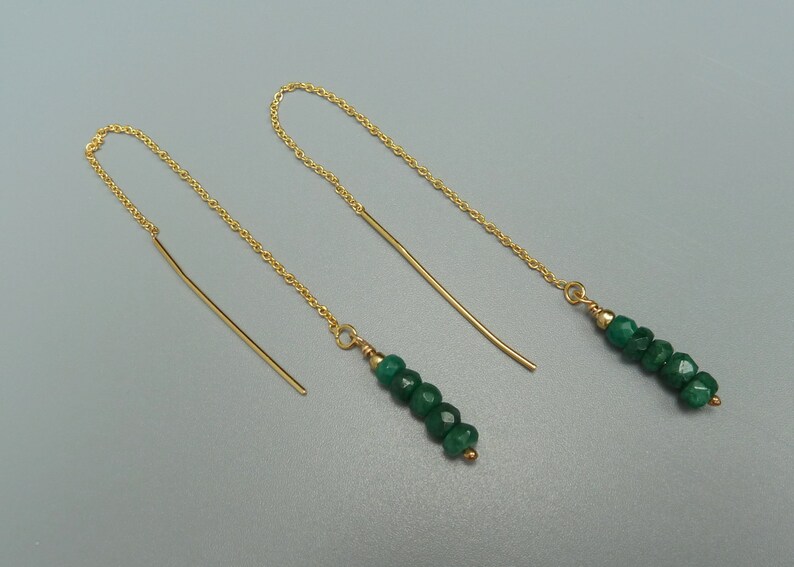 Emerald Earrings,Gold Threader Earrings,Emerald Threader Earrings,Linear Earrings,Dainty Earrings,Minimalist Earrings,Gifts Under 50 For Her image 4