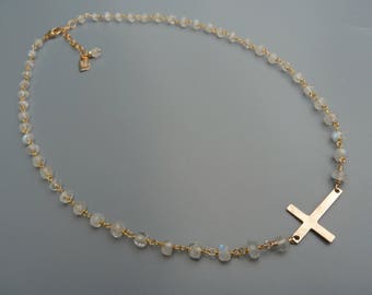 Gold Sideways Cross Necklace, Silver Sideways Cross,Horizontal Cross,Moonstone Necklace,Rosary,Gold Cross,Confirmation Gift, June Birthstone