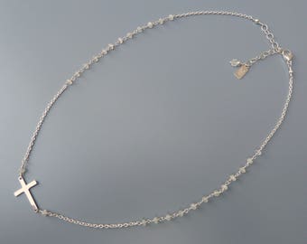 Silver Sideways Cross Necklace, Silver Horizontal Cross, Moonstone Necklace, Rosary Chain Necklace, Silver Cross, Confirmation Gift For Her