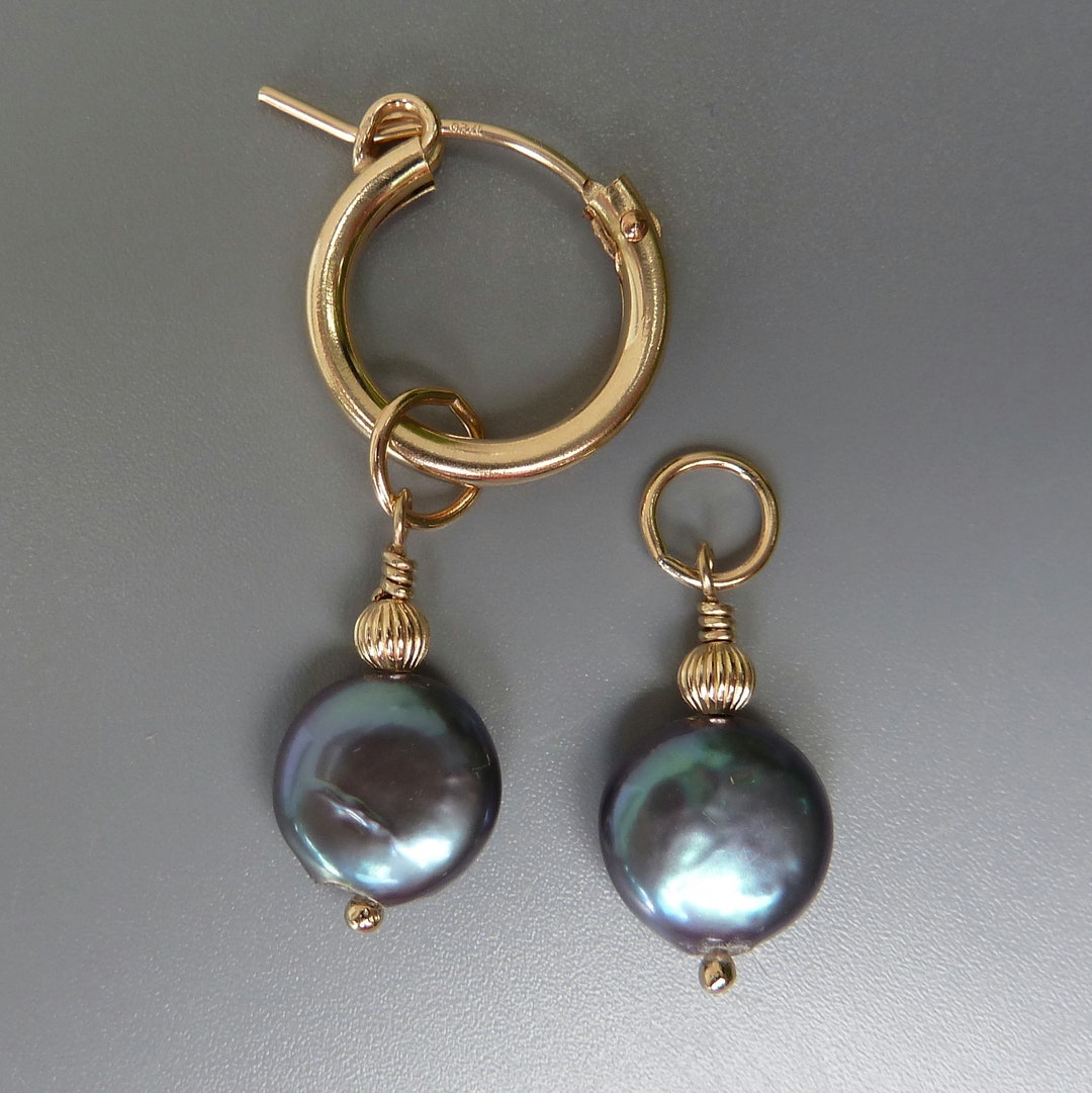 Black Pearl Earring Charms, Changeable Pearl Charms, Gold Earring