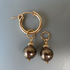 Puede incluir: Un par de pendientes de aro de oro con un dije de perla marrón oscuro en cada pendiente.