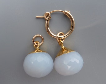 Blue Chalcedony Earring Charms,Gold Earring Charms, Changeable Charms, Interchangeable, Gold Leaf Gemstone Charms, Hoop Charms, Gift For Her