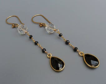 Long Black Earrings, Black Spinel Earrings, Black And Gold, Vermeil Earrings,Black Gemstone Earrings,Linear,Black Onyx Earrings,Gift For Her