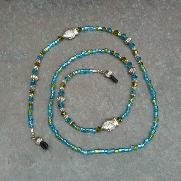 Reduced NOW Over 60% OFF Eye Glass Holder Necklace w/ Turquoise and Olive Swarovski Crystals and Bali Sterling Silver Fish Beads BEH101