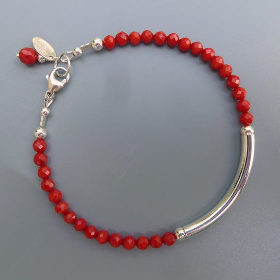 Red Coral Bracelet, Gemstone Stacking Bracelet, Red Coral Layering Bracelet, Stack Bracelet, Silver Layering Jewelry, Gift For Her, Under 50