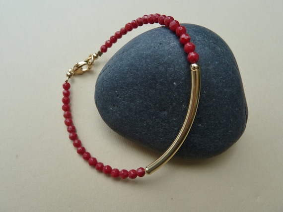 Red Coral Bracelet, Gemstone Stacking Bracelet, Layering Bracelet, Delicate Bracelet, Gold Layering Jewelry, Gift For Her
