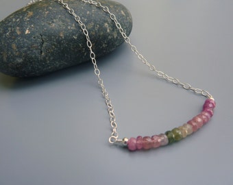 Tourmaline Necklace, Gemstone Bar Necklace, Dainty Necklace, Silver Layering Necklace, Pink Tourmaline, Watermelon Tourmaline, Gift For Her