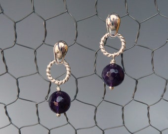 Amethyst Earrings, Black Onyx Earrings, Silver Post Earrings, Black Earrings, Gemstone Earrings, Silver Rope, Purple Earrings, Gift For Her