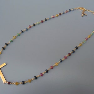 Gold Sideways Cross Necklace, Gold Horizontal Cross, Sapphire Necklace, Rosary Chain Necklace, Gold Cross, Confirmation Gift, Christmas Gift