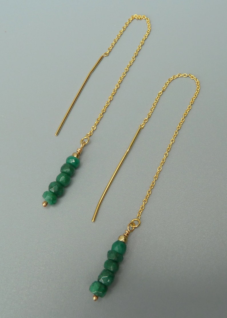 Emerald Earrings,Gold Threader Earrings,Emerald Threader Earrings,Linear Earrings,Dainty Earrings,Minimalist Earrings,Gifts Under 50 For Her image 5