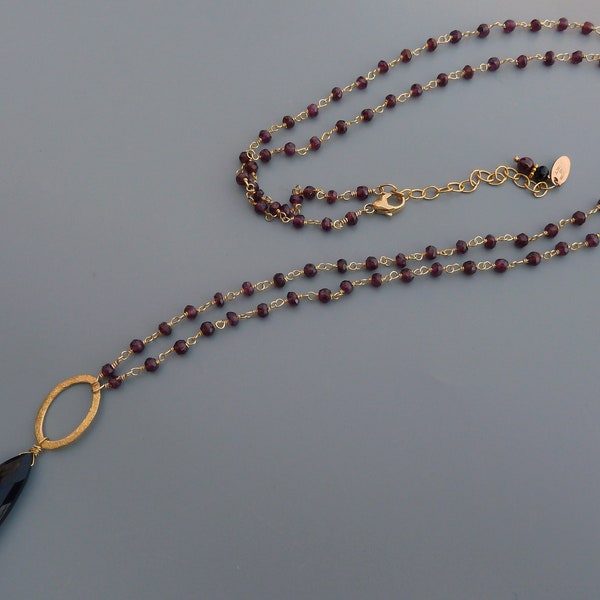 Black Onyx And Garnet Necklace,Long Garnet Necklace, Garnet Rosary Chain Necklace,Garnet Statement Necklace,January Birthstone, Gift For Her