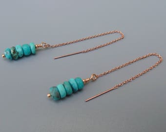 Sleeping Beauty Turquoise Threader Earrings, Rose Gold Threaders, Silver Threaders, Linear Earrings, Modern Minimal Ear Threads,Gift For Her