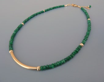 Emerald Necklace, Green Gemstone Necklace, Gold Tube Necklace, Gold Emerald Necklace, Gold Layering, May Birthstone, Holiday Gift For Her
