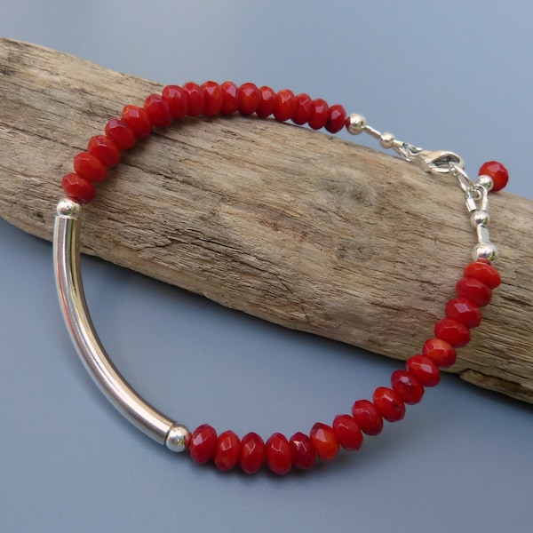 Red Coral Bracelet, Gemstone Stacking Bracelet, Red Coral Layering Bracelet, Stack Bracelet, Silver Layering Jewelry, Gift For Her, Under 50