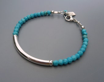 Turquoise Bracelet, Gemstone Stacking Bracelet, Layering Bracelet, Layering Jewelry, Silver Tube Bracelet, December Birthstone, Gift For Her