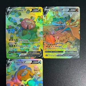 Conjunto de cartas Charizard V, Blastoise V e Venusaur V – Cartas personalizadas de Pokémon adormecidos feitos por fãs de Holo e Pokémon inicial de Kanto