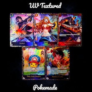 May include: Five colorful trading cards featuring anime characters. The cards have character names and text, with the words "UV Textured" and "Pokemade" displayed. Each card has a unique design and vibrant colors, with a holographic effect.