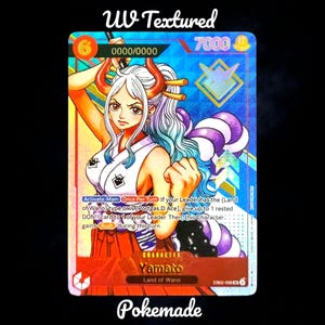 May include: A collectible trading card featuring Yamato from the Land of Wano. The card has a blue and red color scheme with the text "UV Textured" at the top. The card's design includes a character illustration, text, and a holographic effect.