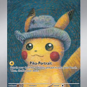 Carte Pokémon Pikachu avec chapeau en feutre gris personnalisée | Promo Black Star inspirée de Van Gogh