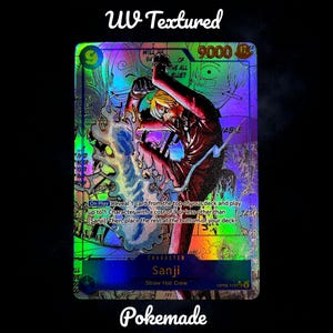 May include: A holographic trading card featuring Sanji from the Straw Hat Crew. The card has a UV textured finish and displays Sanji in action with a blue flame effect. The card also includes the text "UV Textured", "9000", and "Pokemade".