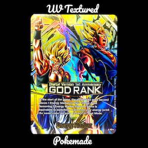 May include: A trading card with a black border features two animated characters with golden hair and vibrant clothing. The card reads "GOD RANK" and "Energy Marker" with additional text. The card is labeled "UV Textured" and "Pokemade".