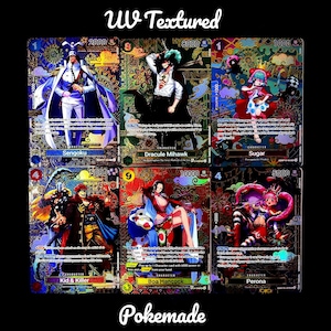 May include: Six trading cards featuring characters from a manga series. The cards display colorful illustrations of characters with varying power levels and names. The text "UV Textured" and "Pokemade" are visible.