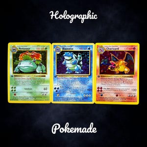 Cartas personalizadas holográficas de alta calidad de Pokémon de la Primera Edición: Venusaur, Blastoise y Charizard.