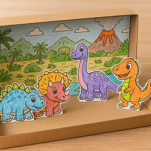 Puede incluir: Diorama de dinosaurios en una caja de cartón. Presenta cuatro recortes de dinosaurios coloridos. El fondo representa un paisaje prehistórico con palmeras, montañas y un volcán. Se ven lápices de colores.